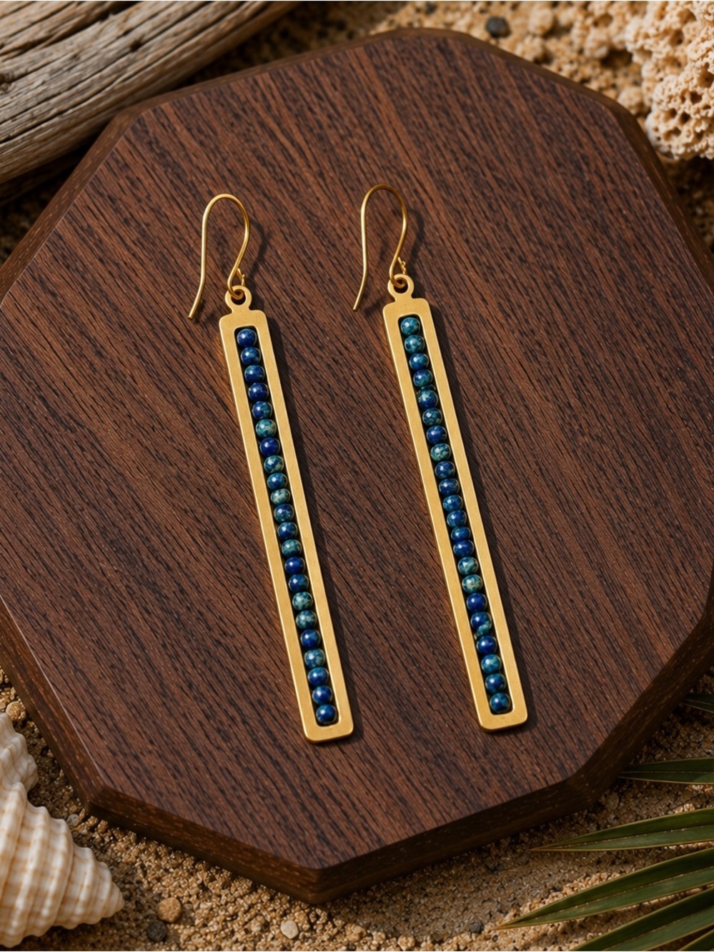 Gold-Tone Long Bar Earrings with Blue Bead Inlay